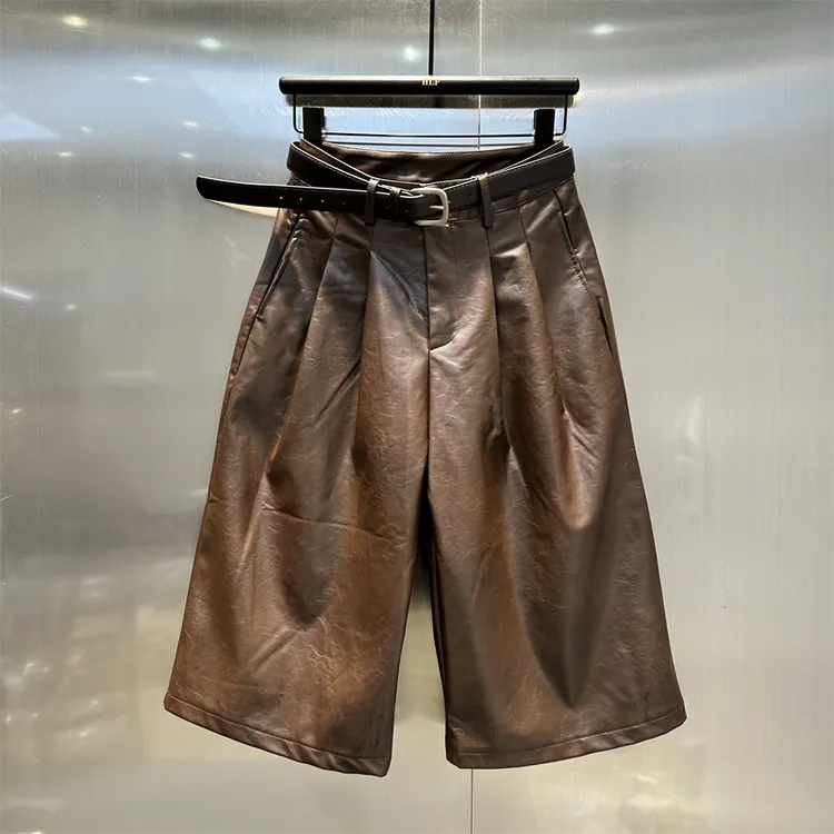 复古咖色PU皮裤2025秋季新款小众设计洋气百搭宽松显瘦直筒七分裤