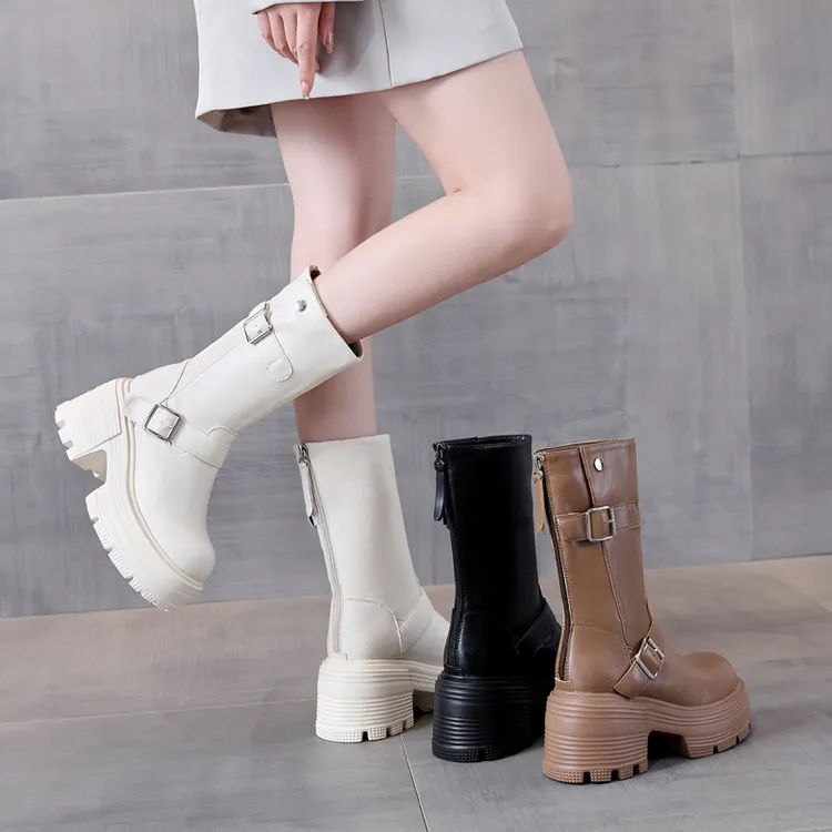 【小辣椒公主9CM增高跟】中筒马丁靴女秋冬加绒小个子粗跟厚底短靴