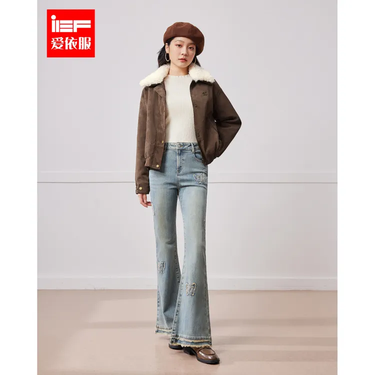 IEF/爱依服长裤2025秋季新款韩版小众设计高腰牛仔喇叭裤流光风