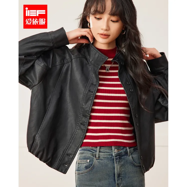 IEF/爱依服皮衣2025秋季美式时尚机车风简约百搭亮面皮外套~