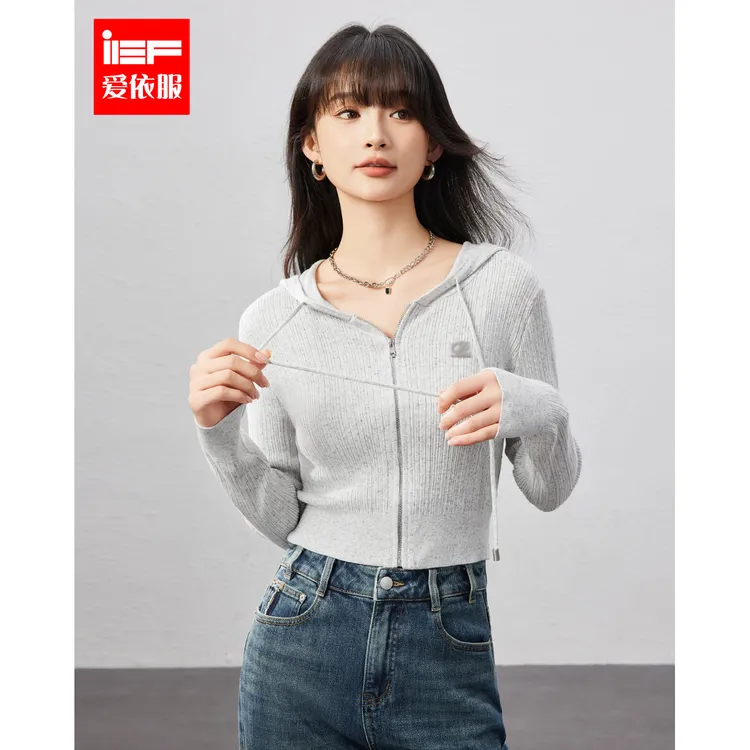 IEF/爱依服2024秋季时尚连帽长袖别致小众设计毛织卫衣外套~