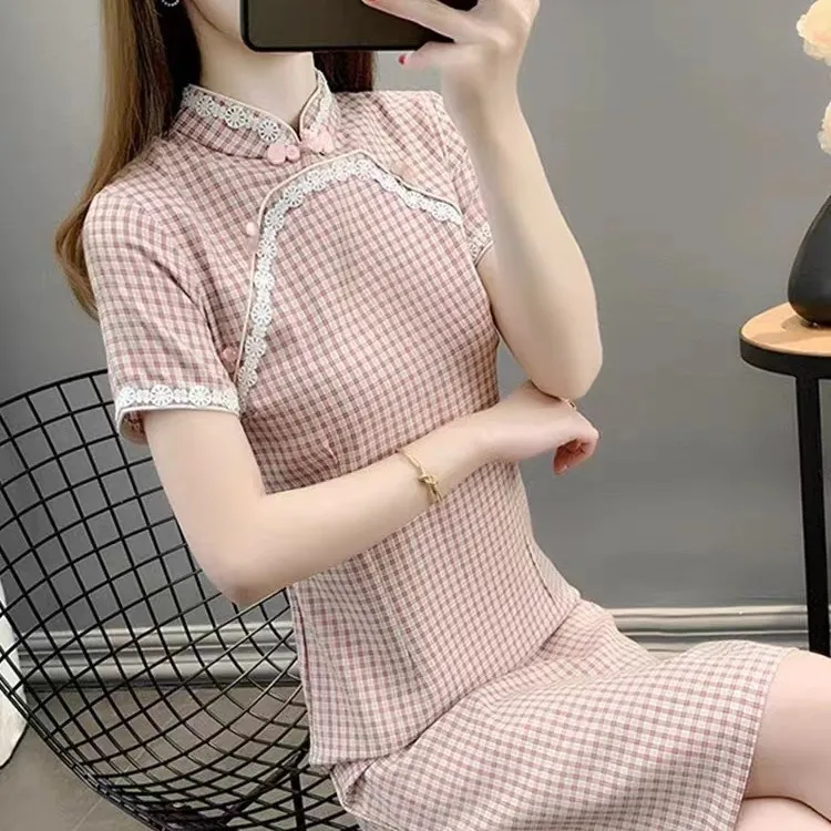 恬子梦  C045  红色格子小清新民国风日常少女 旗袍
