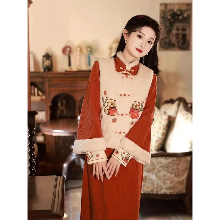 恬子梦  B230  冬季可爱拜年巴比熊加绒马甲中国风