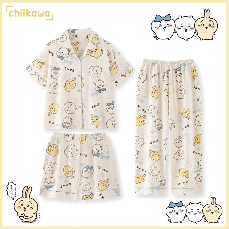 chiikawa睡衣纯棉三件套装夏季女款短袖长裤可爱乌萨奇小八家居服