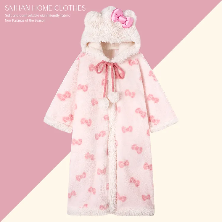 hellokitty睡衣女秋冬款珊瑚绒加厚加绒凯蒂猫斗篷睡袍冬季家居服