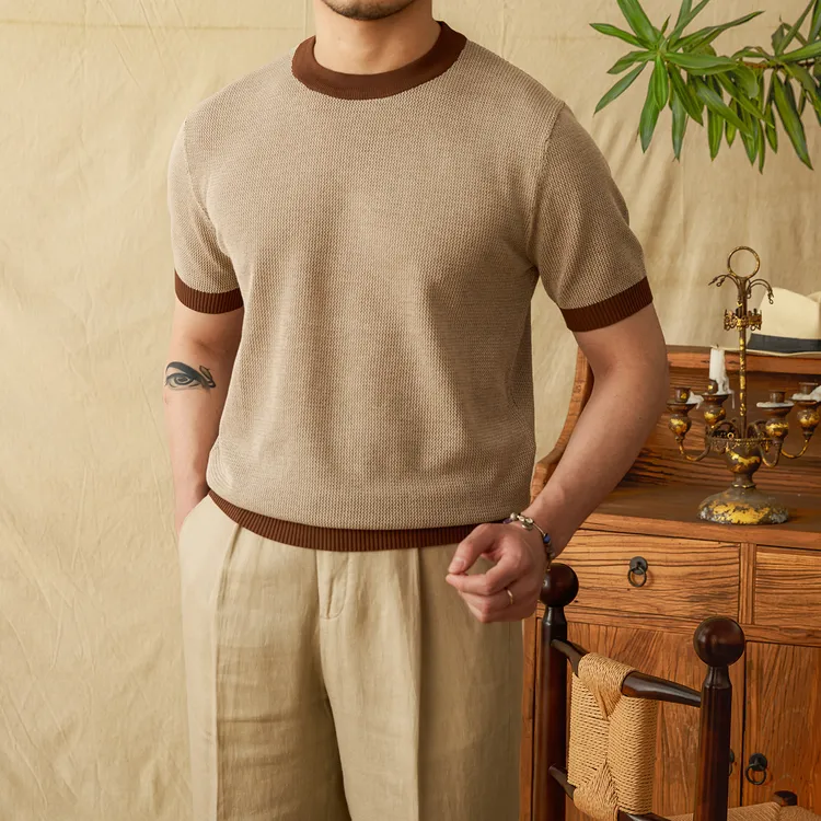 鹿三先生夏季撞色罗纹轻奢T恤休闲针织衫圆领潮流百搭短袖体恤男