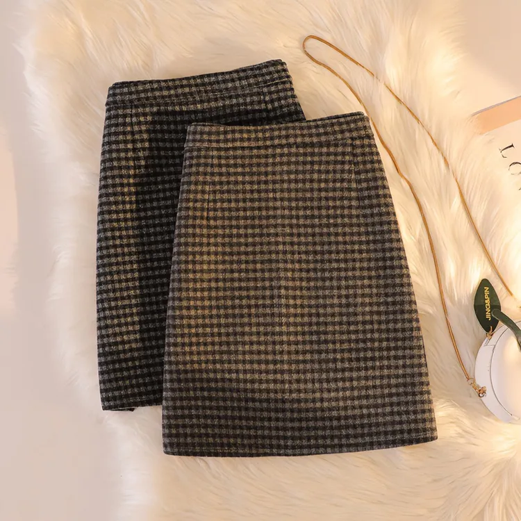 毛呢a字短裙女秋冬复古港味格子显瘦半身裙百搭时尚高腰包臀裙子