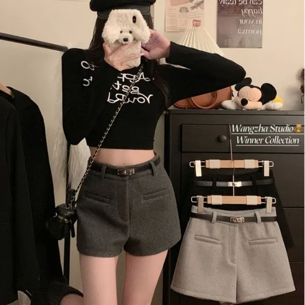 辣妹风毛呢休闲短裤女装2025秋冬季高腰显瘦A字阔腿呢子外穿靴裤