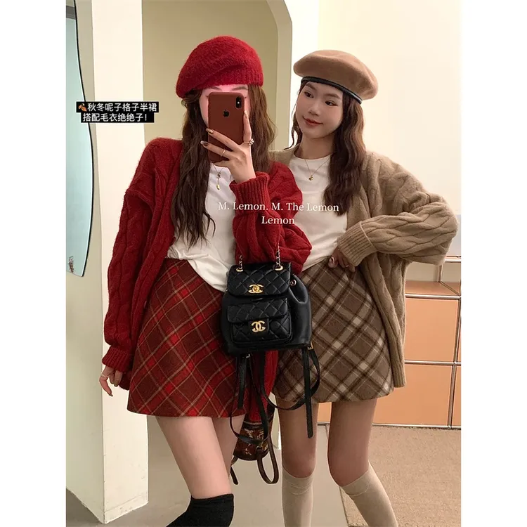 圣诞红复古高腰斜纹格子毛呢半身裙女2025秋冬韩版小个子A字裙