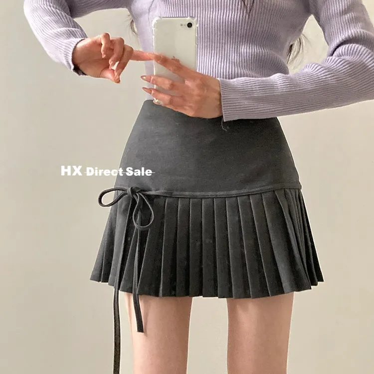 日系甜美绑带少女感百褶裙女春夏季高腰显瘦A字半身裙防走光裙子