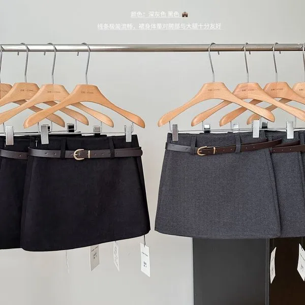 配腰带灰色毛呢半身裙女秋冬季新款高腰显瘦西装呢子a字包臀短裙