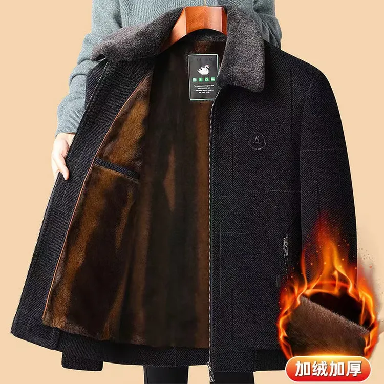 冬季男士雪尼尔外套中老年加绒加厚爸爸装毛呢大衣老年人保暖棉衣