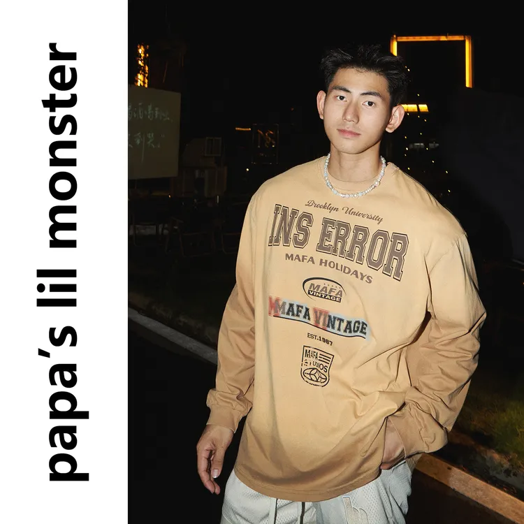 PAPASLILMONSTER秋季美式复古风T恤男 做旧渐变设计宽松休闲衫女
