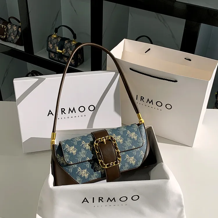 AIRMOO/艾姆轻奢真皮包包女士高级感单肩法棍包复古百搭腋下包