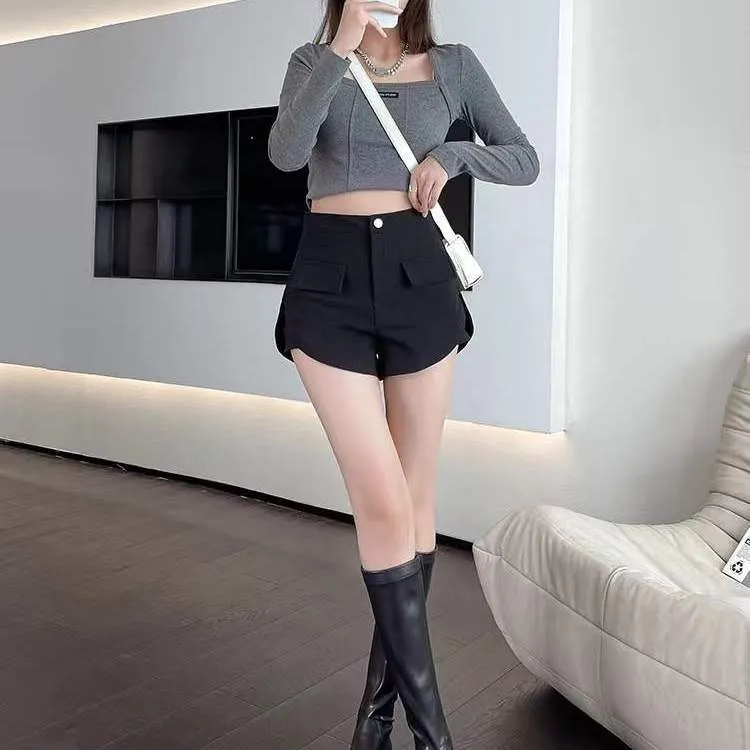 2023春秋新款a字型黑色高腰西装短裤阔腿休闲时装裤靴裤外穿