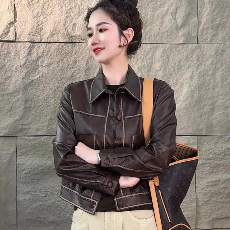 【休闲日记】春秋显瘦气质短款百搭时尚网红翻领复古皮夹克外套8819