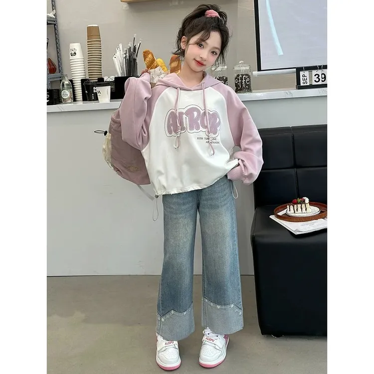 女童套装秋装新款洋气装中大童春秋时髦卫衣牛仔裤两件套