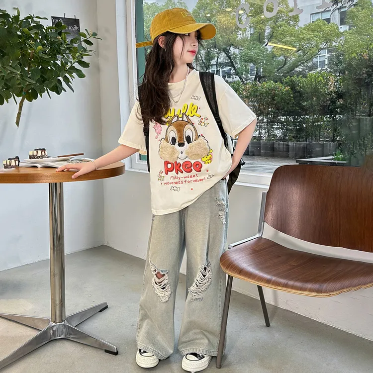 女童夏装套装2024新款女大童儿童短袖T恤阔腿裤牛仔裤夏季两件套9
