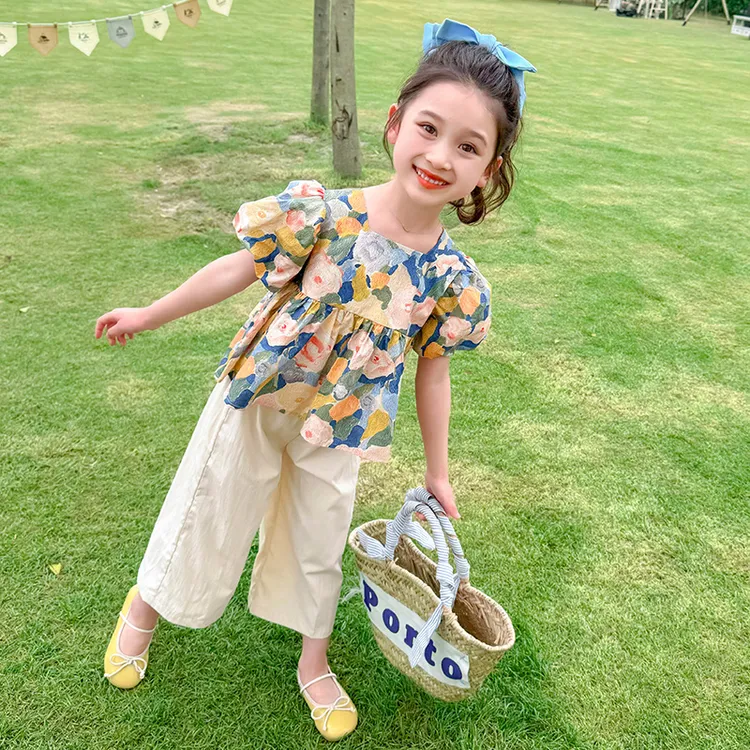 女童花朵泡泡袖裤子套装夏季2025新款儿童洋气夏款宝宝夏装两件套