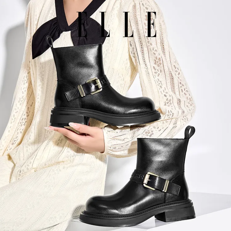 ELLE复古机车中筒靴女圆头皮带扣马丁靴2025冬季新款英伦风短靴子