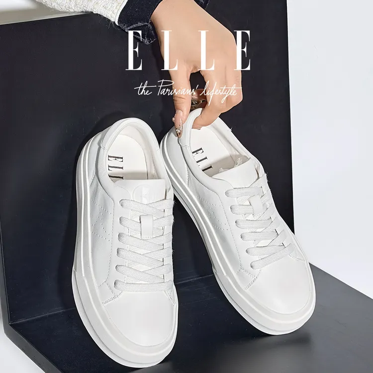 ELLE厚底增高小白鞋女真皮配阔腿裤鞋子新款轻便软底休闲运动板鞋