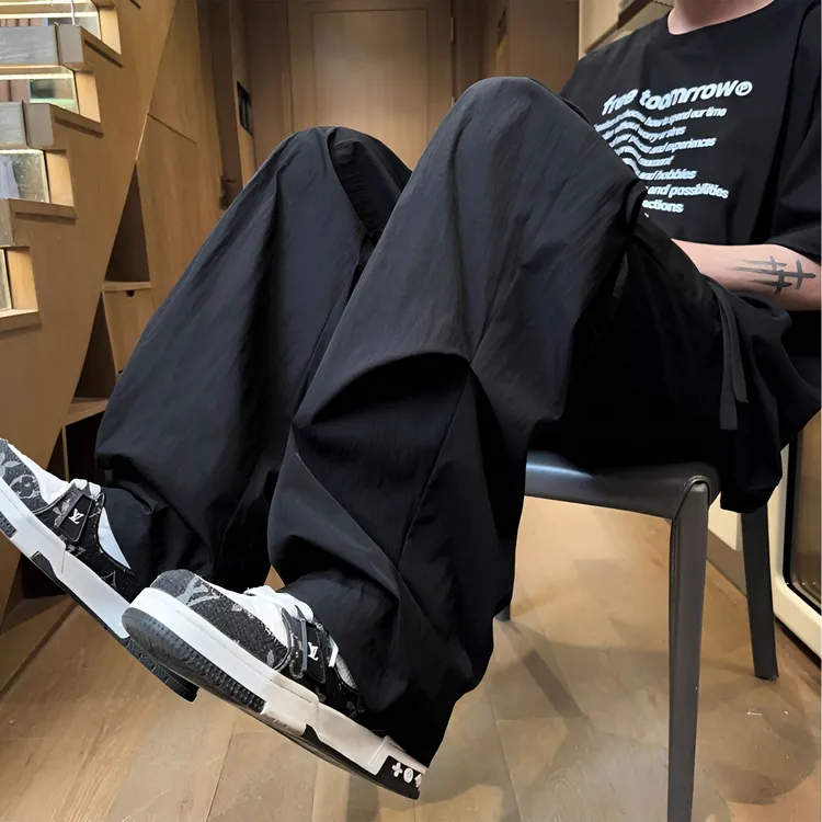 美式冰丝速干工装伞兵裤子男夏季黑色户外oversize双褶直筒防晒裤