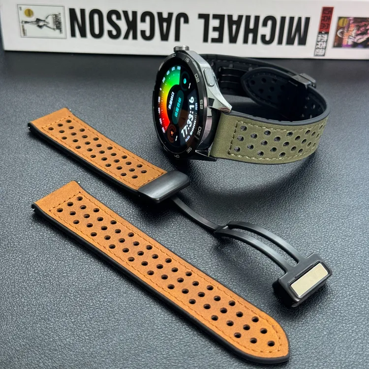 适用華爲GT4錶帶Watch4 pro表带透气硅胶貼皮折叠磁吸扣疯马纹