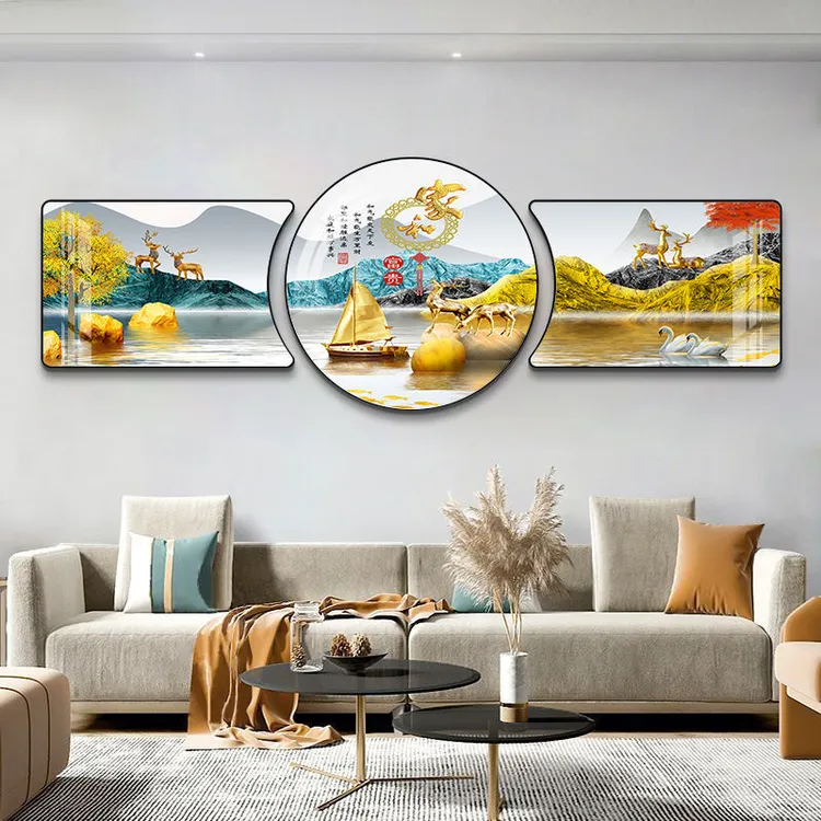 晶瓷三联轻奢现代装饰壁画沙发背景墙有客厅挂画北欧背景墙装饰画