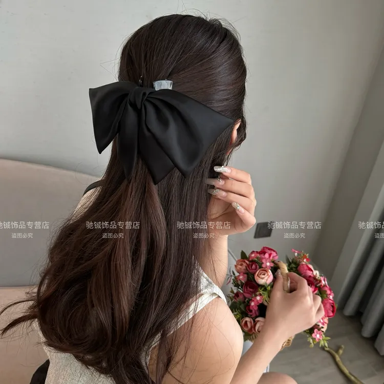 公主诶~气质缎面蝴蝶结方块抓夹赫本黑色蝴蝶结半披发头饰鸭嘴夹