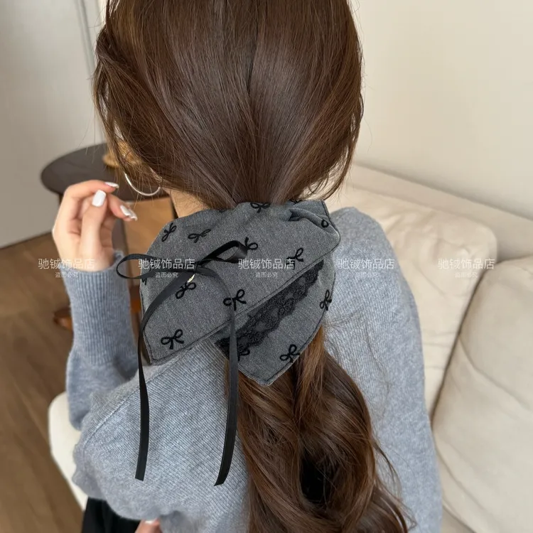 灰色格蕾系蝴蝶结方巾大肠发圈高级感马尾辫头绳丸子头头饰发饰