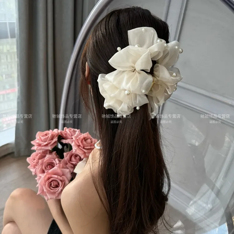 赫本风泡泡夹～高级感重工钉珠云朵泡泡夹气质后脑勺盘发网纱发夹