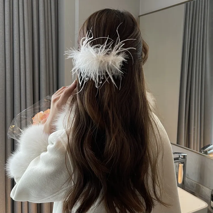 法式纯欲超仙羽毛鸭嘴夹气质氛围感后脑勺发夹高级感头饰发饰