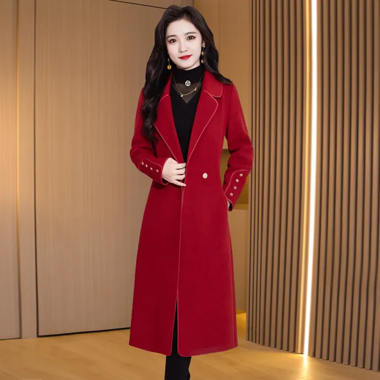 红色喜婆婆双面绒毛呢大衣女装气质秋冬流行贵夫人中长款呢子外套