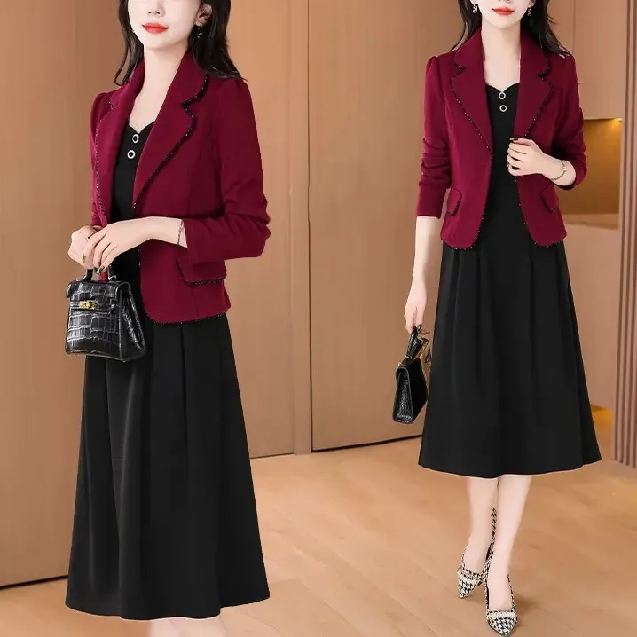 喜婆婆婚宴套装长袖连衣裙女新款平时可穿高贵妈妈装礼服两件套秋