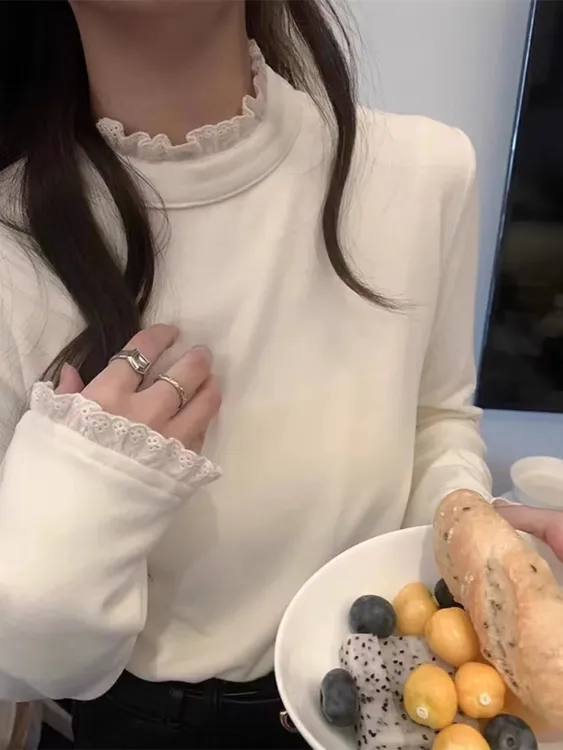 蕾丝花边双面德绒半高领长袖t恤打底衫女秋冬小香风内搭加厚上衣