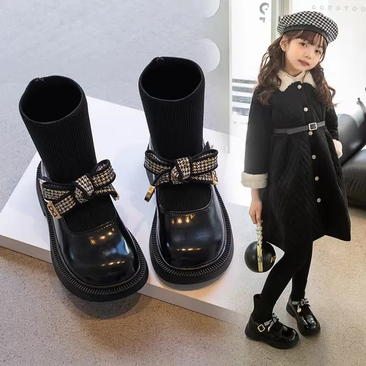 ABC女童鞋加绒袜靴软底春秋时尚短靴2025款小女孩洋气公主靴针织