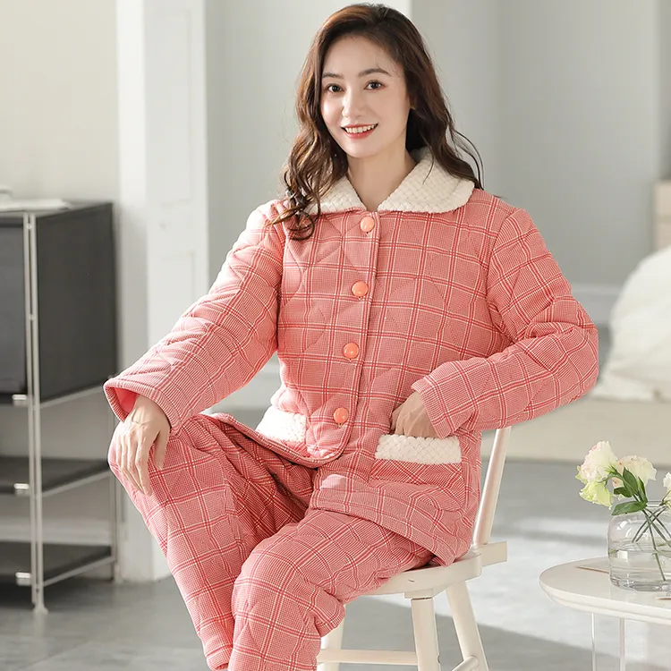睡衣女士冬季加厚加棉秋冬天纯棉三层夹棉袄保暖宽松大码简约套装
