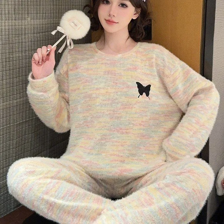 冬季暖绒多巴胺睡衣女士2024秋冬长袖可外穿家居服软呼呼保暖套装