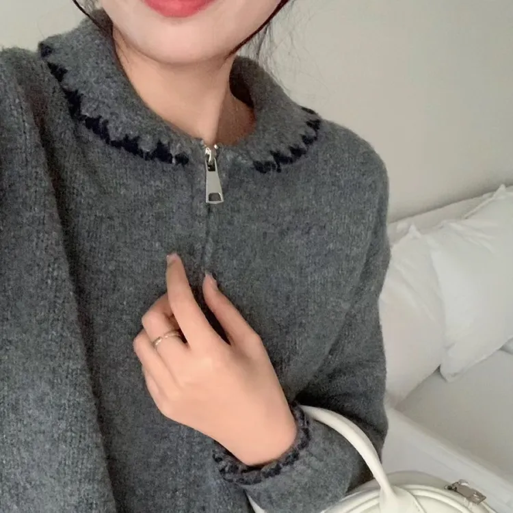 复古灰色翻领毛衣外套女秋冬短款别致百搭针织开衫外套小个子上衣