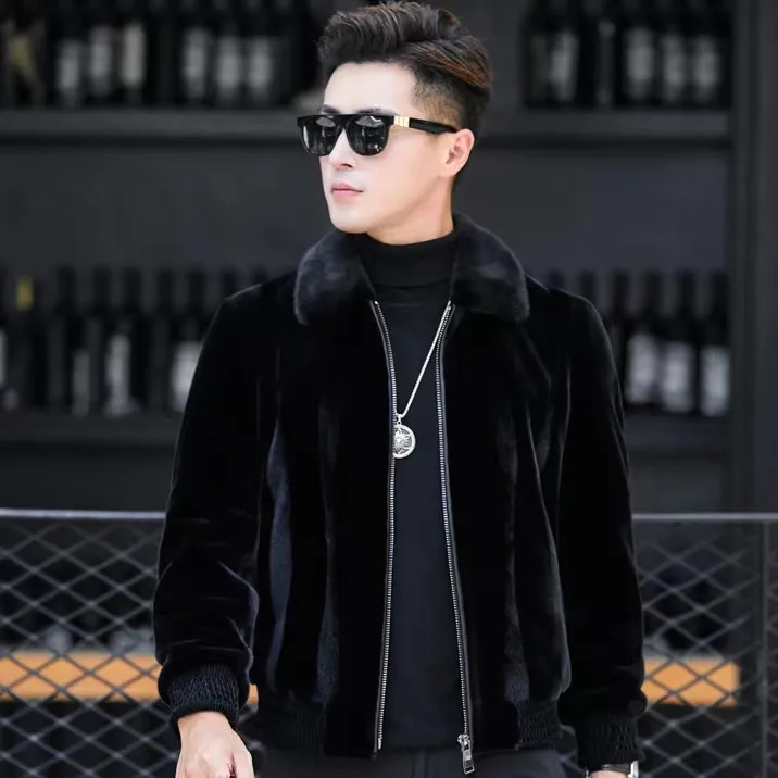 （新疆包邮）海宁男士冬季外套翻领款加厚水貂大衣保暖品质夹克