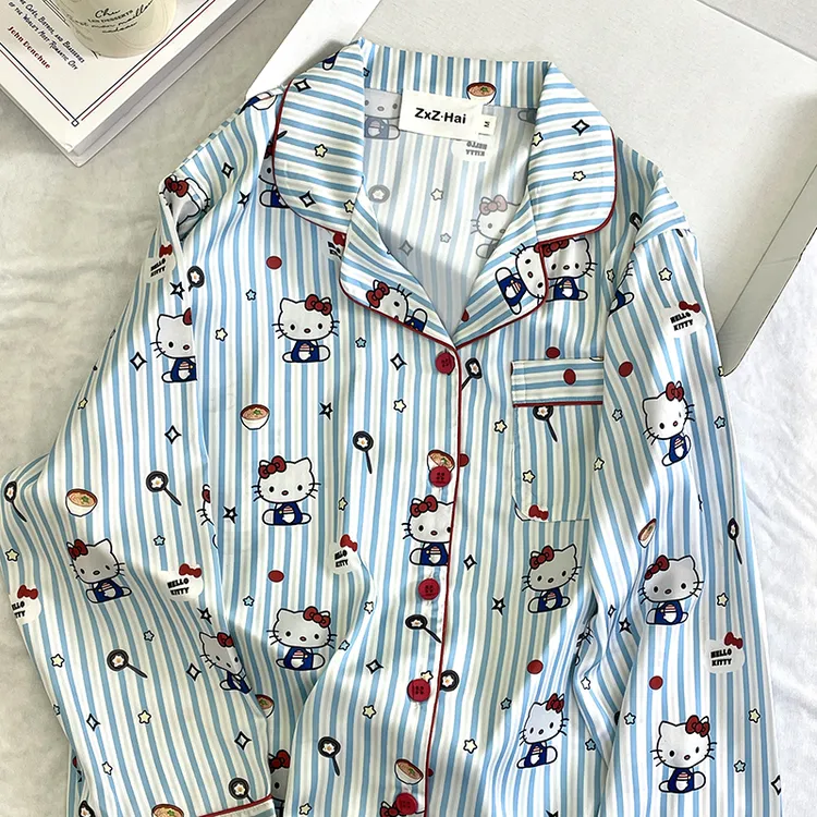 侘町2025新款泡面kitty长袖睡衣女夏款冰丝家居服套装卡通春秋款