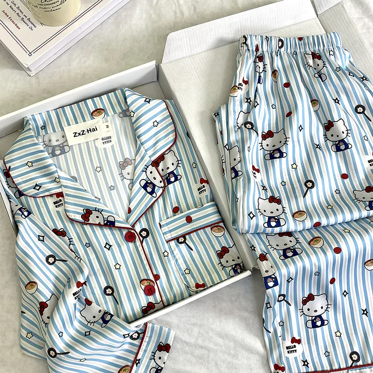 侘町2025新款泡面kitty长袖睡衣女夏款冰丝家居服套装卡通春秋款