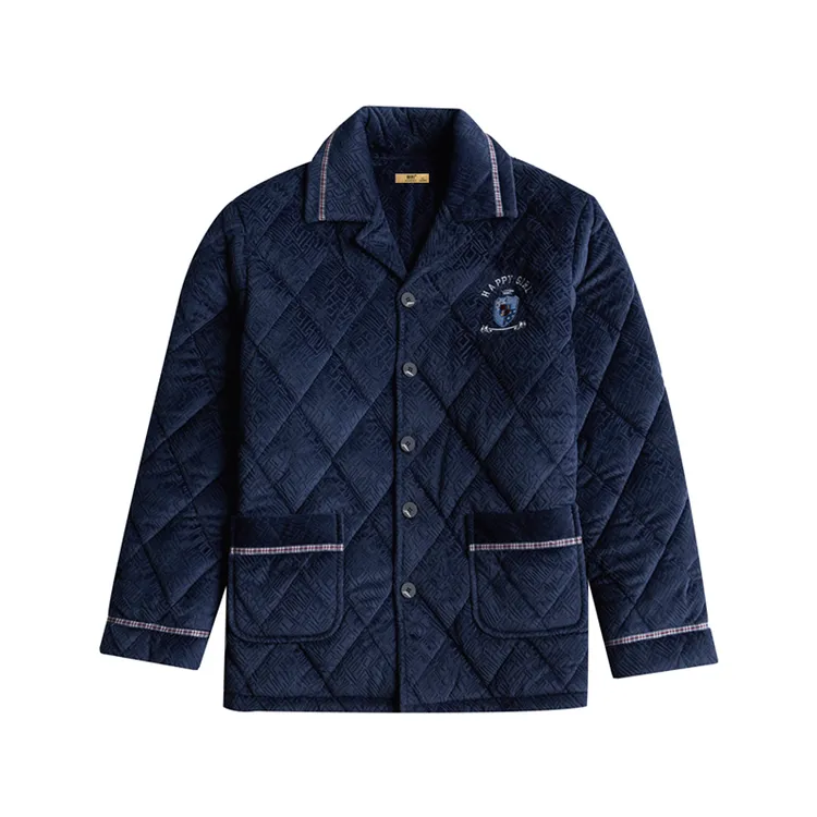 男士睡衣秋冬季珊瑚绒加厚加绒三层夹棉保暖单件上衣法兰绒家居服