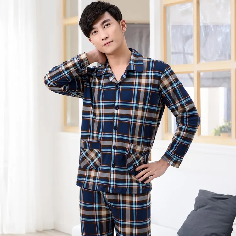 辉豹男士睡衣春秋纯棉质长袖开衫高级感爸爸格纹家居服套装