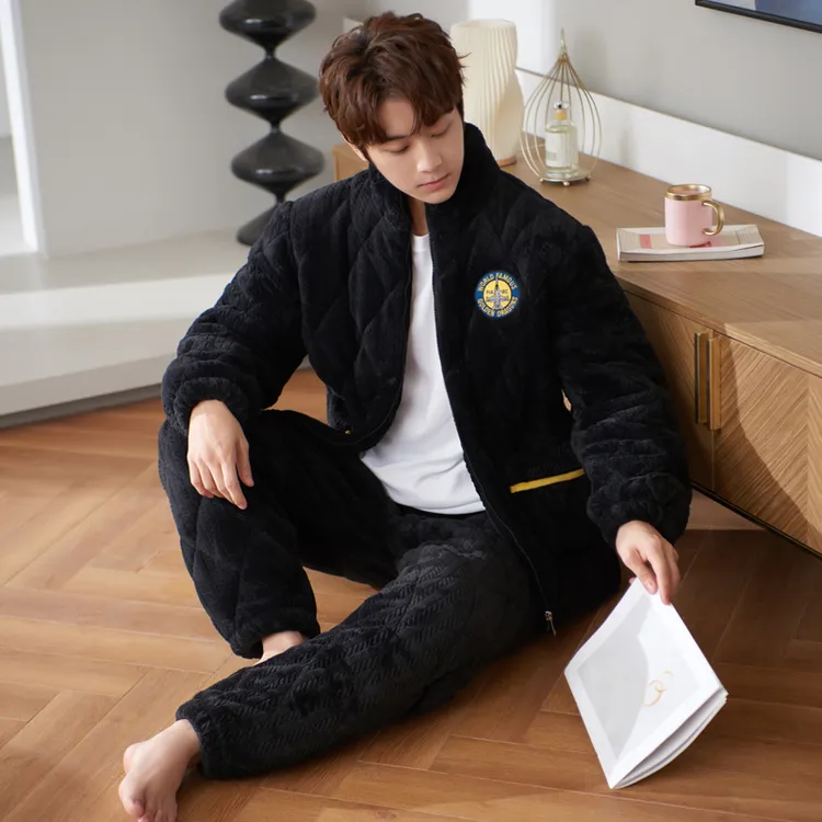 辉豹男睡衣秋冬款男士三层夹棉加厚保暖居家服冬季拉链家居服套装