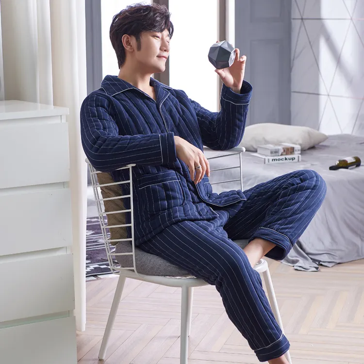 辉豹男士睡衣秋冬季加厚纯棉质可外穿夹棉三层保暖条纹家居服套装