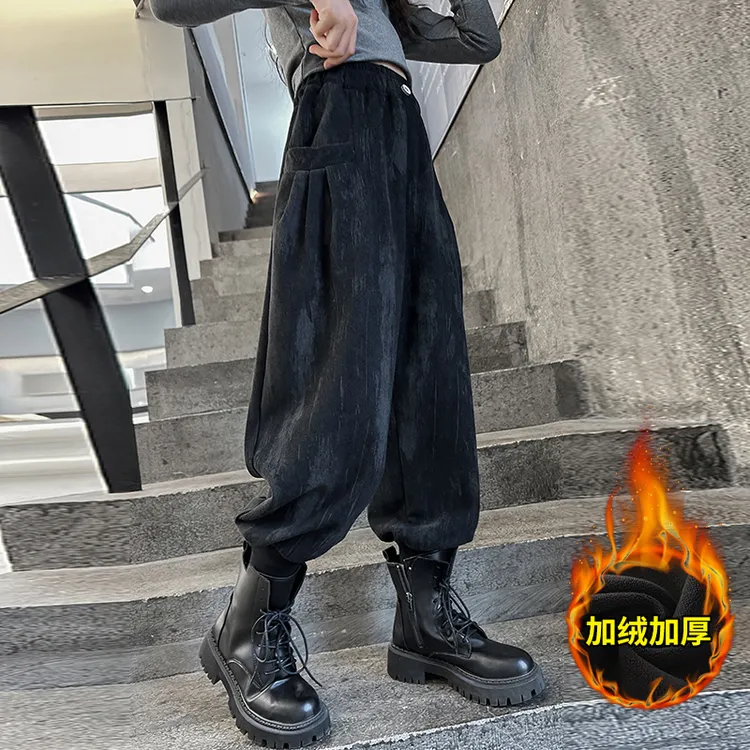 女童加绒裤子秋冬款2025新款儿童冬季哈伦裤加厚女大童束脚裤靴裤