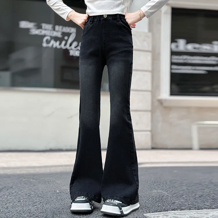 女童黑色牛仔喇叭裤加绒秋冬2025新款儿童冬季加厚大童裤子一体绒