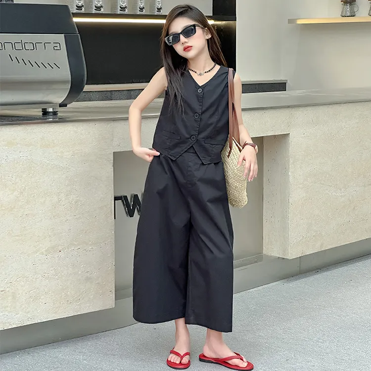 女童港风薄款马甲2024夏季新款儿童洋气无袖背心韩版阔腿裤两件套