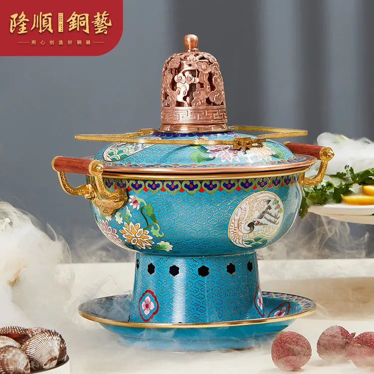 隆顺铜艺【真景泰蓝】铜火锅环保油单人小火锅纯铜老式纯手工新京熹